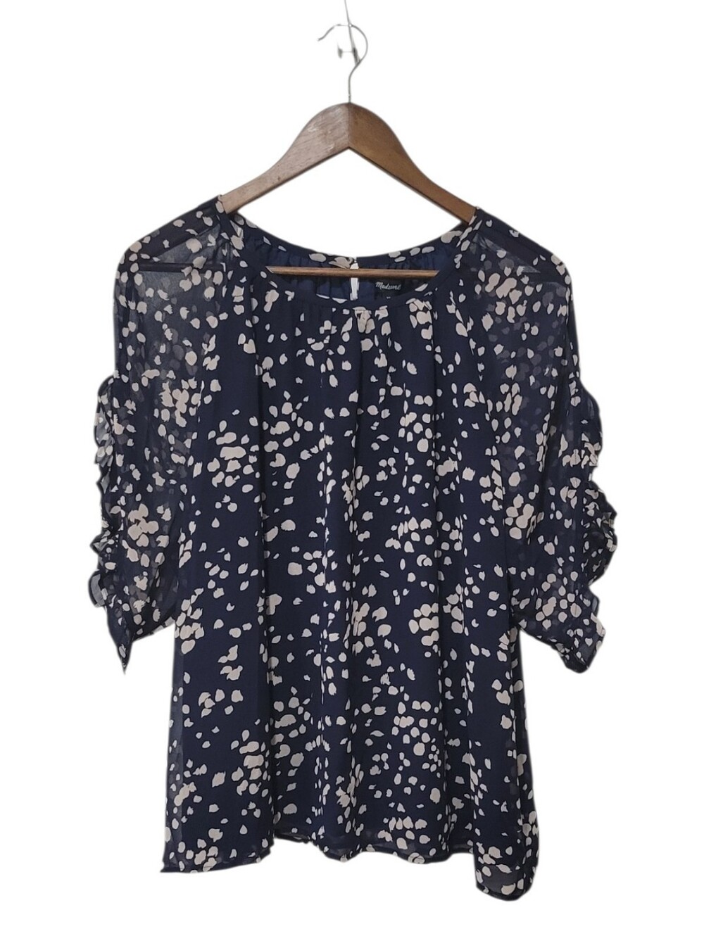 MADEWELL 3X Navy Abstract Print Ruffle Sleeve Blouse Sheer Overlay Plus Size